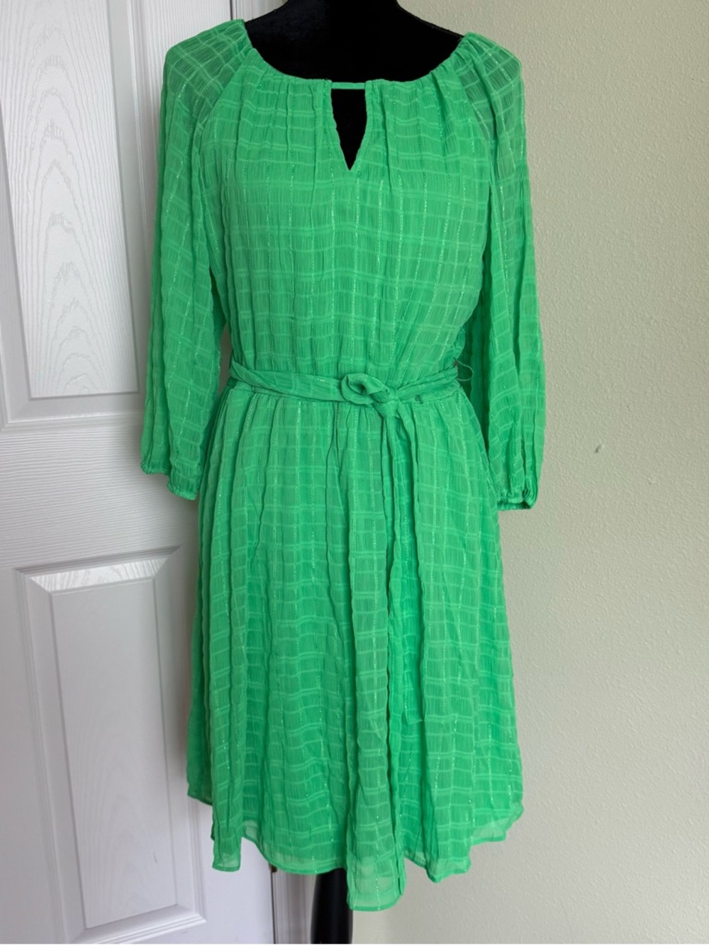 NWT DKNY Green with Gold Metallic Checked Belted Dress Fit Flare
